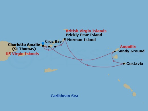7 Night - Cruise Roundtrip from St Thomas (Charlotte Amalie) - SeaDream I - Starting in Charlotte Amalie, St Thomas, Norman Island, Prickly Pear, Trellis Bay, Beef Island, Gustavia, Sandy Ground, St John VI (Cruz Bay), US Virgin Islands, Charlotte Amalie, St Thomas itinerary map