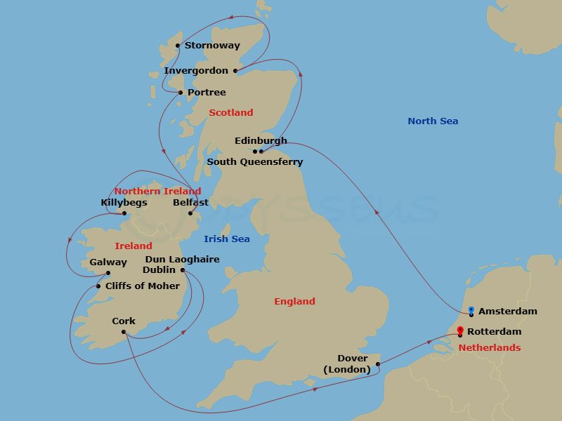 HAL Nieuw Statendam - 14 Night - Wild British Isles : Belfast - HAL Nieuw Statendam - Starting in Amsterdam, the Netherlands, South Queensferry (Edinburgh), Scotland, United Kingdo.. itinerary map
