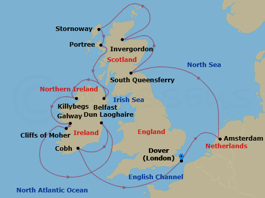 14 Night - Wild British Isles : Belfast - Nieuw Statendam - Starting in Dover UK (London), England, Amsterdam, the Netherlands, South Queensferry (Edinburgh), Scotland, United Kingdom, Invergordon (Inverness), Scotland, United Kingdom, Stornoway, Isle of Lewis, Scotland, United Kingdom, Portree (Isle of Skye), Scotland, United Kingdom, Belfast, Northern Ireland, United Kingdom, Killybegs, Donegal, Ireland, Galway, Ireland, Scenic cruising Cliffs of Moher, Dun Laoghaire (Dublin), Ireland, Cobh (Cork), Ireland, Dover UK (London), England itinerary map