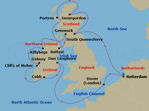 14 Night - Wild British Isles : Belfast - Nieuw Statendam - Starting in Rotterdam, the Netherlands, South Queensferry (Edinburgh), Scotland, United Kingdom, Invergordon (Inverness), Scotland, United Kingdom, Portree (Isle of Skye), Scotland, United Kingdom, Belfast, Northern Ireland, United Kingdom, Greenock (Glasgow), Scotland, United Kingdom, Killybegs, Donegal, Ireland, Galway, Ireland, Scenic cruising Cliffs of Moher, Cobh (Cork), Ireland, Dun Laoghaire (Dublin), Ireland, Dover UK (London), England, Rotterdam, the Netherlands itinerary map