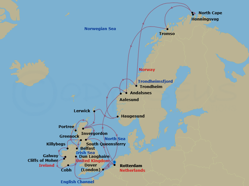 28 Night - British Isles & Arctic Solstice - Nieuw Statendam - Starting in Rotterdam, the Netherlands, South Queensferry (Edinburgh), Scotland, United Kingdom, Invergordon (Inverness), Scotland, United Kingdom, Portree (Isle of Skye), Scotland, United Kingdom, Belfast, Northern Ireland, United Kingdom, Greenock (Glasgow), Scotland, United Kingdom, Killybegs, Donegal, Ireland, Galway, Ireland, Scenic cruising Cliffs of Moher, Cobh (Cork), Ireland, Dun Laoghaire (Dublin), Ireland, Dover UK (London), England, Rotterdam, the Netherlands, Alesund, Norway, Trondheim, Norway, Scenic Cruising Trondheimsfjord, Honningsvag, Norway, Scenic Cruising North Cape, Tromso, Norway, Andalsnes, Norway, Haugesund, Norway, Lerwick, Shetland Islands, United Kingdom, Invergordon (Inverness), Scotland, United Kingdom, Dover UK (London), England, Rotterdam, the Netherlands itinerary map