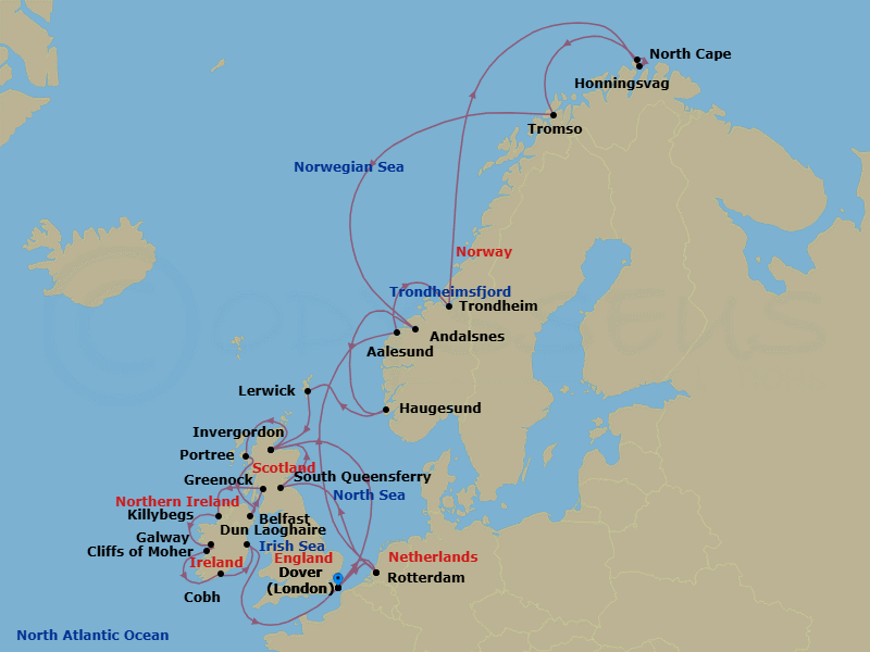 28 Night - British Isles & Arctic Solstice - Nieuw Statendam - Starting in Dover UK (London), England, Rotterdam, the Netherlands, South Queensferry (Edinburgh), Scotland, United Kingdom, Invergordon (Inverness), Scotland, United Kingdom, Portree (Isle of Skye), Scotland, United Kingdom, Belfast, Northern Ireland, United Kingdom, Greenock (Glasgow), Scotland, United Kingdom, Killybegs, Donegal, Ireland, Galway, Ireland, Scenic cruising Cliffs of Moher, Cobh (Cork), Ireland, Dun Laoghaire (Dublin), Ireland, Dover UK (London), England, Rotterdam, the Netherlands, Alesund, Norway, Trondheim, Norway, Scenic Cruising Trondheimsfjord, Honningsvag, Norway, Scenic Cruising North Cape, Tromso, Norway, Andalsnes, Norway, Haugesund, Norway, Lerwick, Shetland Islands, United Kingdom, Invergordon (Inverness), Scotland, United Kingdom, Dover UK (London), England itinerary map