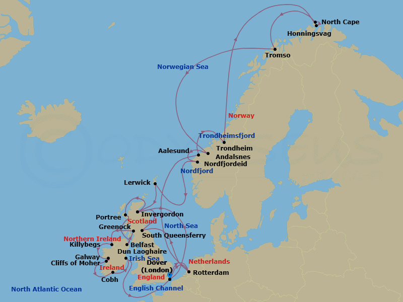 28 Night - Arctic Circle & British Isles - Nieuw Statendam - Starting in Dover UK (London), England, Rotterdam, the Netherlands, Alesund, Norway, Trondheim, Norway, Scenic Cruising Trondheimsfjord, Honningsvag, Norway, Scenic Cruising North Cape, Tromso, Norway, Andalsnes, Norway, Nordfjordeid, Norway, Scenic Cruising Nordfjord, Lerwick, Shetland Islands, United Kingdom, Invergordon (Inverness), Scotland, United Kingdom, Dover UK (London), England, Rotterdam, the Netherlands, South Queensferry (Edinburgh), Scotland, United Kingdom, Invergordon (Inverness), Scotland, United Kingdom, Portree (Isle of Skye), Scotland, United Kingdom, Belfast, Northern Ireland, United Kingdom, Greenock (Glasgow), Scotland, United Kingdom, Killybegs, Donegal, Ireland, Galway, Ireland, Scenic cruising Cliffs of Moher, Cobh (Cork), Ireland, Dun Laoghaire (Dublin), Ireland, Dover UK (London), England itinerary map