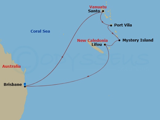 Carnival Encounter - 10 Night - Vanuatu & New Caledonia - Carnival Encounter - Starting in Brisbane, Australia, Santo, Vanuatu, Vila, Vanuatu, Mystery Island, Vanuatu, Lifou, New.. itinerary map