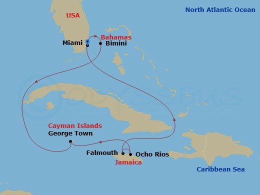 RCL Independence of the Seas - 7 Night - Western Caribbean Holiday - RCL Independence of the Seas - Starting in Miami, Florida, Bimini, Bahamas, George Town, Grand Cayman, Ocho Rios, Jamaic.. itinerary map