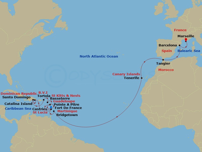 Costa Fascinosa - 22 Night - Transatlantic from Fort De France - Costa Fascinosa - Starting in Fort-de-France, Pointe-a-Pitre, Basseterre, Tortola (Road Harbour), Santo Domingo.. itinerary map