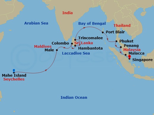 Crystal Symphony - 16 Night - Africa & Indian Ocean - Crystal Symphony - Starting in Mahe, Male, Colombo, Hambantota, Trincomalee, Port Blair, Phuket, Penang, Malacca, Singapore itinerary map