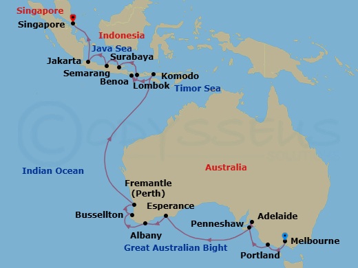 21 Night - Dingoes & Dragons - Seven Seas Splendor - Starting in Melbourne, Portland AU, Penneshaw (Kangaroo Island), Adelaide, Cruising the Great Australian Bight, Esperance, Albany AU, Busselton, Perth (Fremantle), Cruising the Indian Ocean, Komodo, Bali (Benoa), Lombok (Lembar), Surabaya, Semarang (Java), Jakarta, Cruising the Java and South China Seas, Singapore itinerary map