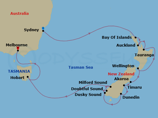 16 Night - Taniwha Tales - Seven Seas Splendor - Starting in Sydney AU, Cruising the Tasman Sea, Bay of Islands, Auckland, Rotorua (Tauranga), Cruising the Tasman Sea, Wellington, Akaroa, Timaru, Dunedin, Cruising the Fjords of Dusky Sound, Cruising the Fjords of Doubtful Sound, Cruising the Fjords of Milford Sound, Cruising the Tasman Sea, Hobart (Tasmania), Cruising the Tasman Sea, Melbourne itinerary map