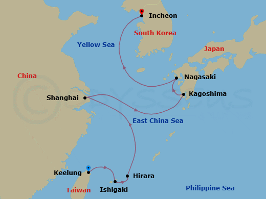 10 Night - Japanese Myths & Shanghai Twists - Seven Seas Explorer - Starting in Taipei (Keelung), Ishigaki (Sakishima Islands), Hirara (Miyakojima), Cruising the East China Sea, Shanghai, Cruising the East China Sea, Kagoshima, Nagasaki, Cruising the Yellow Sea, Seoul (Incheon) itinerary map