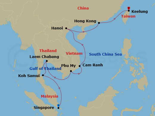 13 Night - Culinary Discoveries - Seven Seas Explorer - Starting in Singapore, Cruising the Gulf of Thailand, Ko Samui, Bangkok (Laem Chabang), Cruising the Gulf of Thailand, Phu My (Ho Chi Minh City), Cam Ranh, Cruising the South China Sea, Hanoi (Ha Long Bay), Cruising the South China Sea, Hong Kong, Cruising the South China Sea, Taipei (Keelung) itinerary map