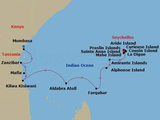 19 Night - Discover Seychelles, Tanzania and Kenya - Emerald Raiya - Starting in Mombasa, Kenya, Zanzibar, Tanzania, Mafia Island, Tanzania, Kilwa Kisiwani, Tanzania, Aldabra Atoll, Seychelles, Farquhar Atoll, Seychelles, Alphonse Atoll, Seychelles, Amirante Islands, Seychelles, Praslin Island / La Digue, Seychelles, Mahe Island, Sainte Anne Island / Cousin Island, Praslin Island, La Digue Island, Curieuse Island, Aride Island, Mahe Island itinerary map