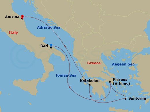 MSC Lirica - 6 Night - Mediterranean - MSC Lirica - Starting in Bari, Italy, Piraeus (Athens), Greece, Santorini, Greece, Katakolon (Olympia), Greece, Ancona (Urbino), Italy itinerary map