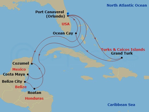MSC Seashore - 12 Night - Caribbean and Antilles - MSC Seashore - Starting in Port Canaveral (Orlando), Florida, Costa Maya, Mexico, Belize City, Belize, Isla De Roatan, Hon.. itinerary map
