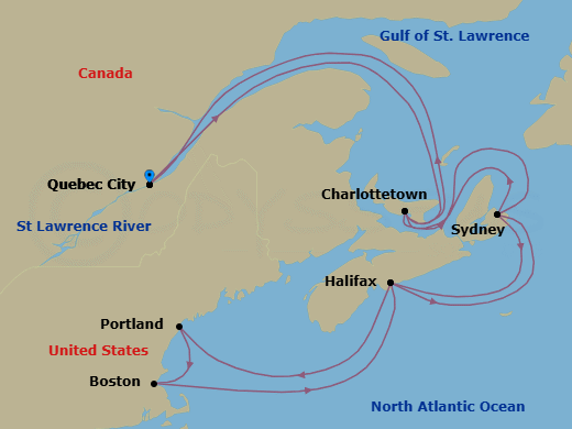 14 Night - Canada & New England : Unesco Sites & Nights Collector - Zuiderdam - Starting in Quebec City, Quebec, Canada, Cruising the Saint Lawrence River, Cruising Gulf of St Lawrence, Charlottetown, Prince Edward Island, Canada, Sydney NS, Nova Scotia, Canada, Halifax, Nova Scotia, Canada, Portland ME, Boston, Massachusetts, Halifax, Nova Scotia, Canada, Sydney NS, Nova Scotia, Canada, Charlottetown, Prince Edward Island, Canada, Cruising Gulf of St Lawrence, Cruising the Saint Lawrence River, Quebec City, Quebec, Canada itinerary map