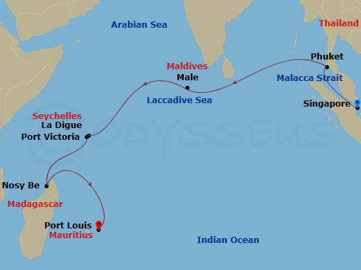 NCL Norwegian Sun - 16 Night - Africa-South Africa - NCL Norwegian Sun - Starting in Singapore, Phuket, Thailand, Male, Maldives, La Digue, Seychelles, Port Victoria, Seychelles,.. itinerary map
