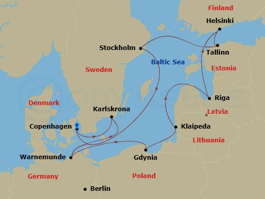 11 Night - Northern Europe - MSC Magnifica - Starting in Copenhagen, Denmark, Karlskrona, Sweden, Warnemunde (Berlin), Germany, Gdynia (Gdansk), Poland, Klaipeda, Lithuania, Riga, Latvia, Helsinki, Finland, Tallinn, Estonia, Stockholm, Sweden, Copenhagen, Denmark itinerary map