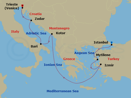 7 Night - Aegean & Adriatic Treasures - Oceania Allura - Starting in Istanbul, Mitilini (Lesbos), Izmir, Kotor, Bari, Zadar, Trieste itinerary map