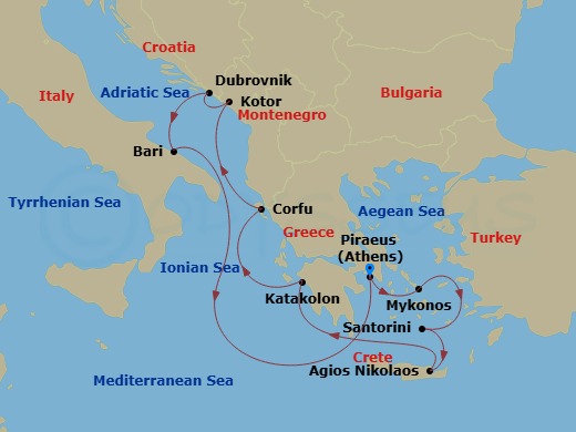 10 Night - Greek & Adriatic Havens - Oceania Allura - Starting in Athens (Piraeus), Mykonos, Santorini, Agios Nikolaos (Crete), Katakolon, Corfu, Kotor, Dubrovnik, Croatia, Bari, Athens (Piraeus) itinerary map