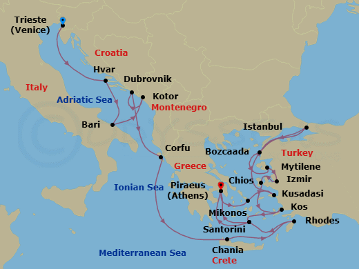 21 Night - Grand Adriatic & Aegean - Oceania Allura - Starting in Trieste, Hvar, Bari, Kotor, Dubrovnik, Croatia, Corfu, Chania (Crete), Rhodes, Santorini, Athens (Piraeus), Mykonos, Ephesus (Kusadasi), Istanbul, Bozcaada (Troy), Mitilini (Lesbos), Izmir, Chios, Kos, Santorini, Athens (Piraeus) itinerary map