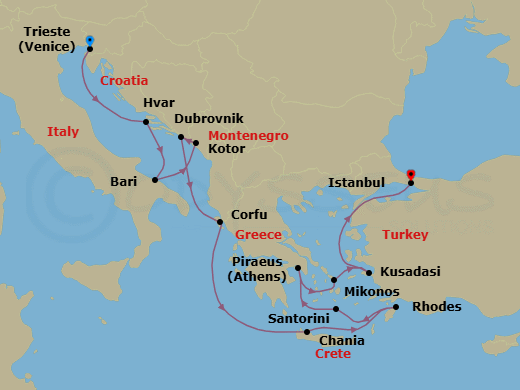 14 Night - Adriatic & Aegean Gems - Oceania Allura - Starting in Trieste, Hvar, Bari, Kotor, Dubrovnik, Croatia, Corfu, Chania (Crete), Rhodes, Santorini, Athens (Piraeus), Mykonos, Ephesus (Kusadasi), Istanbul itinerary map