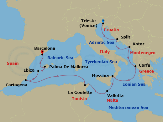 12 Night - Adriatic to the Balearics - Oceania Allura - Starting in Trieste, Split, Kotor, Corfu, Messina (Sicily), Valletta, Tunis (La Goulette), Cartagena ES, Ibiza, Palma De Mallorca, Barcelona itinerary map
