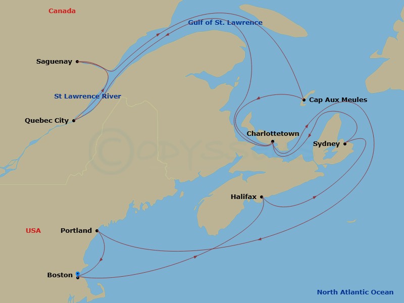 HAL Zuiderdam - 14 Night - Canada & New England : Unesco Sites & Nights Collector - HAL Zuiderdam - Starting in Boston, Massachusetts, Halifax, Nova Scotia, Canada, Sydney NS.. itinerary map