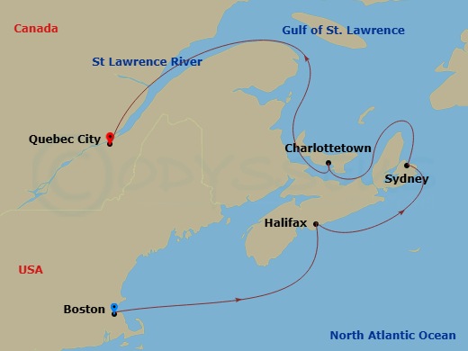 HAL Zuiderdam - 7 Night - Canada & New England : Unesco Sites & Quebecois Nights - HAL Zuiderdam - Starting in Boston, Massachusetts, Halifax, Nova Scotia, Canada, Sydney NS,.. itinerary map