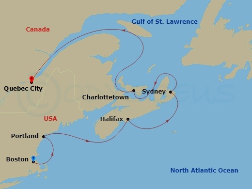 HAL Zuiderdam - 7 Night - Canada & New England : Unesco Sites & Quebecois Nights - HAL Zuiderdam - Starting in Boston, Massachusetts, Portland ME, Halifax, Nova Scotia, Canad.. itinerary map