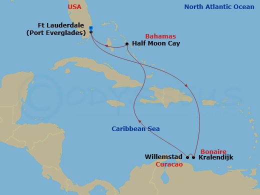 Nieuw Amsterdam - 9 Night - Southern Caribbean Holiday - Nieuw Amsterdam - Starting in Fort Lauderdale, Florida, Kralendijk, Bonaire, Willemstad AN, Curacao, RelaxAway, Half Mo.. itinerary map