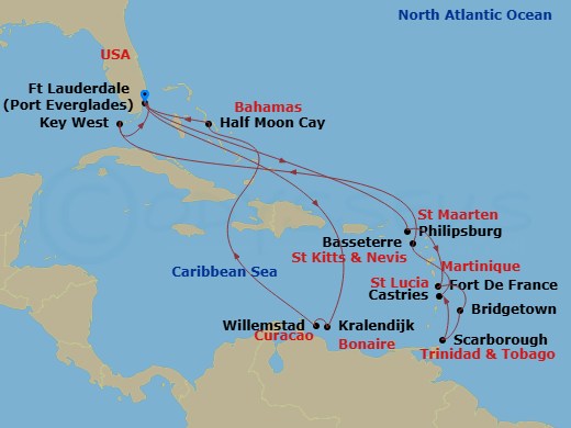 HAL Nieuw Amsterdam - 21 Night - Southern & Eastern Caribbean Discovery - HAL Nieuw Amsterdam - Starting in Fort Lauderdale, Florida, Kralendijk, Bonaire, Willemstad AN, Curacao, R.. itinerary map