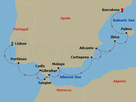 Oceania Nautica - 10 Night - Iberian & Moorish Legends - Oceania Nautica - Starting in Lisbon, Portimao, Seville (Cadiz), Tangier, Gibraltar, Malaga, Cartagena ES, Alicante, Ib.. itinerary map