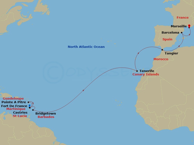 Costa Fascinosa - 15 Night - Transatlantic from Fort De France - Costa Fascinosa - Starting in Fort-de-France, Pointe-a-Pitre, St Lucia Castries, Bridgetown, Barbados, Santa Cr.. itinerary map