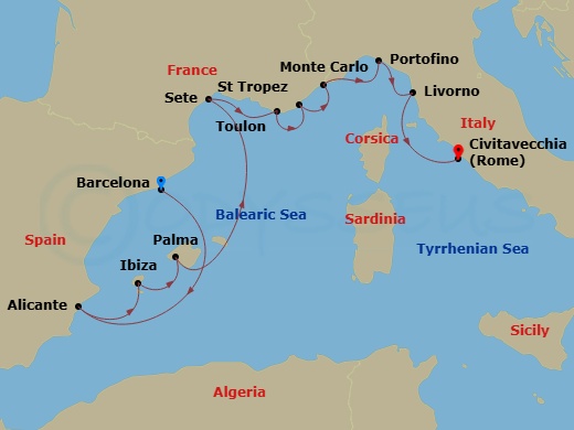 Oceania Marina - 10 Night - Radiant Rivieras - Oceania Marina - Starting in Barcelona, Alicante, Ibiza, Palma De Mallorca, Sete, Toulon, Saint-Tropez, Monte Carlo, Portofino,.. itinerary map