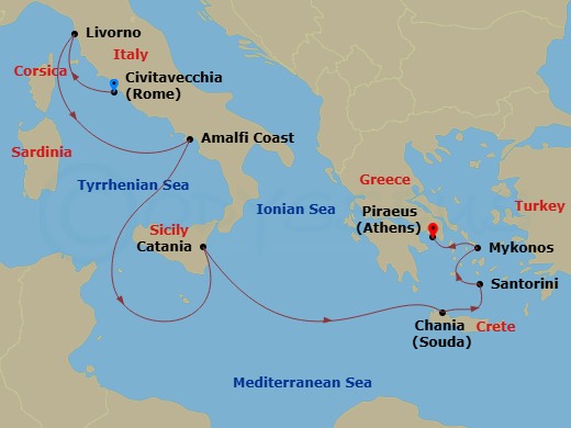 Scarlet Lady - 10 Night - Rome, Florence, Mykonos & More - Scarlet Lady - Starting in Rome (Civitavecchia), Italy, Florence / Pisa (Livorno), Italy, Amalfi Coast (Salerno),.. itinerary map