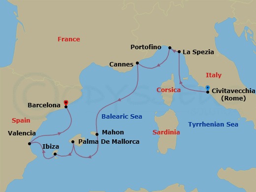 10 Night - Spanish Sapphire Shores - Seven Seas Voyager - Starting in Rome (Civitavecchia), La Spezia (Cinque Terre), Portofino, Cannes, Cruising the Mediterranean Sea, Mahon, Minorca, Palma De Mallorca, Ibiza, Cruising the Balearic Sea, Valencia, Barcelona itinerary map