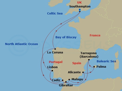 MSC Virtuosa - 14 Night - Sou - MSC Virtuosa - Starting in Southampton (London), United Kingdom, Lisbon (Cascais), Portugal, Cadiz (Seville), Spain, Malaga (Granada), Spain,.. itinerary map