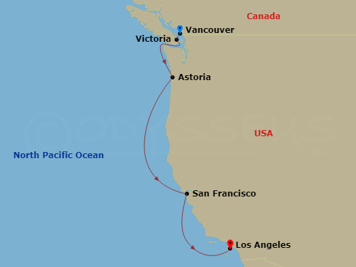 NCL Norwegian Encore Cruise Tours - 8 Night - Vancouver Scenic Pre Cruisetour - NCL Norwegian Encore Cruise Tours - Starting in At Hotel, Vancouver, Canada, Victoria CA, Canada, Astoria, Or, San.. itinerary map