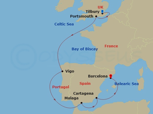 Viking Vesta - 7 Night - Iberian Explorer - Viking Vesta - Starting in London (Tilbury), Portsmouth UK, Sail the Atlantic Ocean, Vigo, Sail the Atlantic Ocean, Granada (Mala.. itinerary map