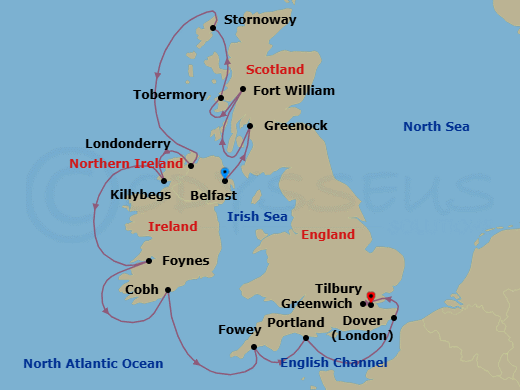 14 Night - British Isles & Ireland - Viking Vesta - Starting in Belfast, Glasgow (Greenock), Fort William, Tobermory, Lewis and Harris (Stornoway), Scotland, Londonderry, Killybegs, Foynes (Limerick), Cobh (Cork), Fowey, Portland UK, Dover UK, London (Greenwich), London (Tilbury) itinerary map