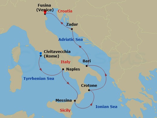 Viking Vela - 7 Night - Italian Sojourn - Viking Vela - Starting in Venice (Fusina), Zadar, Bari, Crotone, Sicily (Messina), Naples, Rome (Civitavecchia) itinerary map