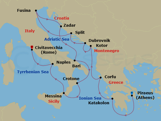 14 Night - Italy, the Adriatic & Greece - Viking Vela - Starting in Athens (Piraeus), Katakolon (Olympia), Corfu (Kerkyra), Kotor, Dubrovnik, Croatia, Split, Venice (Fusina), Zadar, Bari, Crotone, Sicily (Messina), Naples, Rome (Civitavecchia) itinerary map