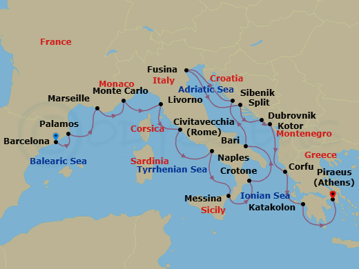 21 Night - Mediterranean & Adriatic Sojourn - Viking Vela - Starting in Barcelona, Palamos, Marseille, Monte Carlo, Florence / Pisa (Livorno), Rome (Civitavecchia), Naples, Sicily (Messina), Crotone, Bari, Sibenik, Venice (Fusina), Split, Dubrovnik, Croatia, Kotor, Corfu (Kerkyra), Katakolon (Olympia), Athens (Piraeus) itinerary map