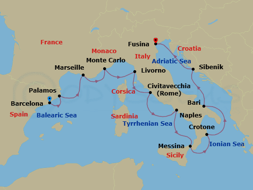 14 Night - Mediterranean & Italian Sojourn - Viking Vela - Starting in Barcelona, Palamos, Marseille, Monte Carlo, Florence / Pisa (Livorno), Rome (Civitavecchia), Naples, Sicily (Messina), Crotone, Bari, Sibenik, Venice (Fusina) itinerary map