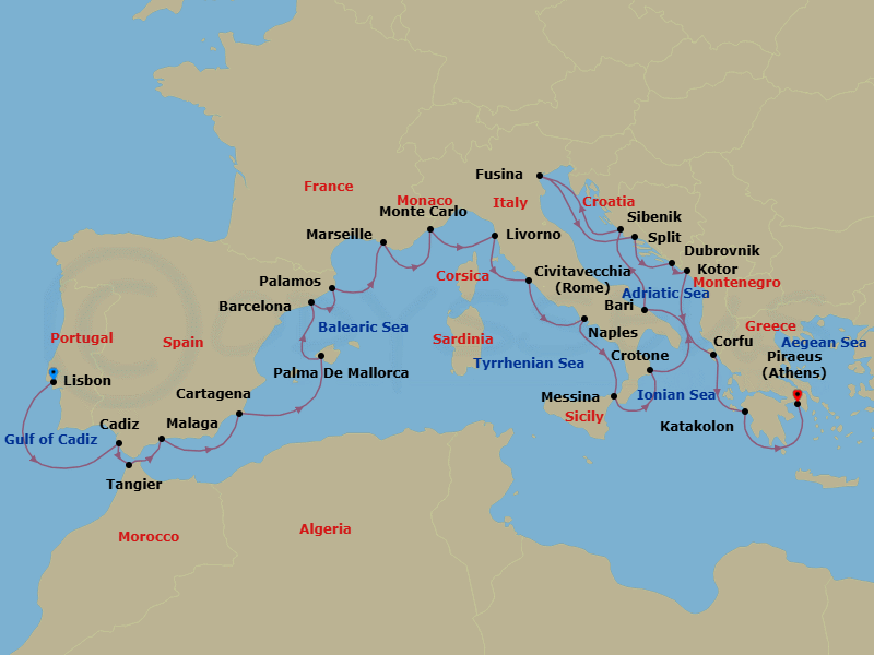 28 Night - Mediterranean Explorer - Viking Vela - Starting in Lisbon, Seville (Cadiz), Tangier, Granada (Malaga), Murcia (Cartagena ES, Spain), Palma De Mallorca, Barcelona, Palamos, Marseille, Monte Carlo, Florence / Pisa (Livorno), Rome (Civitavecchia), Naples, Sicily (Messina), Crotone, Bari, Sibenik, Venice (Fusina), Split, Dubrovnik, Croatia, Kotor, Corfu (Kerkyra), Katakolon (Olympia), Athens (Piraeus) itinerary map