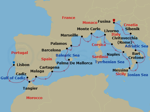21 Night - Adriatic & Mediterranean Discovery - Viking Vela - Starting in Lisbon, Seville (Cadiz), Tangier, Granada (Malaga), Murcia (Cartagena ES, Spain), Palma De Mallorca, Barcelona, Palamos, Marseille, Monte Carlo, Florence / Pisa (Livorno), Rome (Civitavecchia), Naples, Sicily (Messina), Crotone, Bari, Sibenik, Venice (Fusina) itinerary map