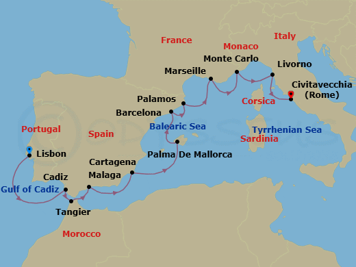 14 Night - Spain, Portugal & the Mediterranean - Viking Vela - Starting in Lisbon, Seville (Cadiz), Tangier, Granada (Malaga), Murcia (Cartagena ES, Spain), Palma De Mallorca, Barcelona, Palamos, Marseille, Monte Carlo, Florence / Pisa (Livorno), Rome (Civitavecchia) itinerary map