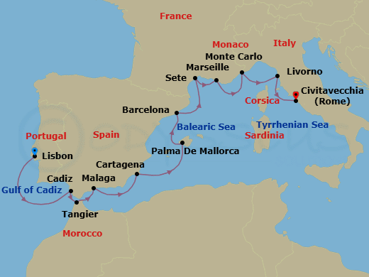 14 Night - Spain, Portugal & the Mediterranean - Viking Vela - Starting in Lisbon, Seville (Cadiz), Tangier, Granada (Malaga), Murcia (Cartagena ES, Spain), Palma De Mallorca, Barcelona, Sete, Marseille, Monte Carlo, Florence / Pisa (Livorno), Rome (Civitavecchia) itinerary map