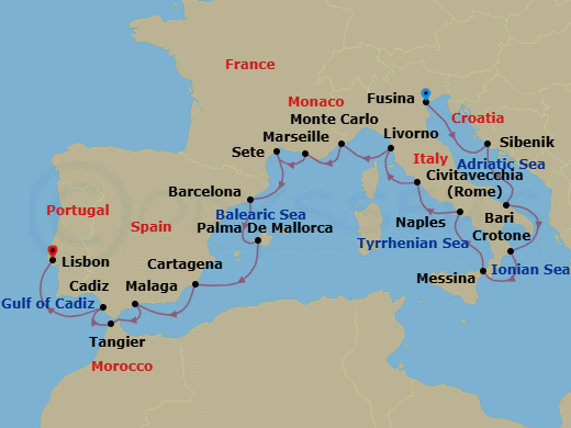 21 Night - Adriatic & Mediterranean Discovery - Viking Vela - Starting in Venice (Fusina), Sibenik, Bari, Crotone, Sicily (Messina), Naples, Rome (Civitavecchia), Florence / Pisa (Livorno), Monte Carlo, Marseille, Sete, Barcelona, Palma De Mallorca, Murcia (Cartagena ES, Spain), Granada (Malaga), Tangier, Seville (Cadiz), Lisbon itinerary map