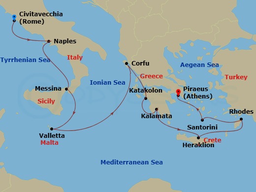 Viking Vela - 14 Night - Cities of Antiquity - Viking Vela - Starting in Rome (Civitavecchia), Naples, Sicily (Messina), Valletta, Sail the Ionian Sea, Corfu (Kerkyra), Kat.. itinerary map